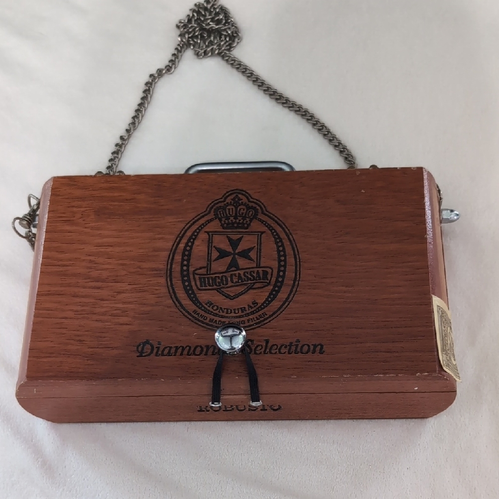 Vintage Women's Wooden Cigar Box Purse With Detachable Chain And Handle